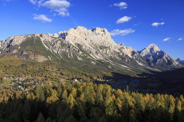 Autumnal view of Mount Antelao and Sorapis Cortina di Ampezzo Dolomites of Cadore Veneto Italy Europe