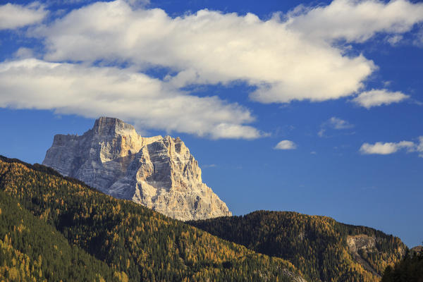 Autumnal view of colorful woods and Mount Pelmo from Falzarego Pass Dolomites of Belluno Veneto Italy Europe