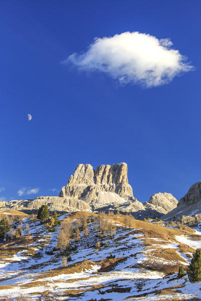 Autumnal view of colorful woods and Mount Averau from Falzarego Pass Dolomites of Belluno Veneto Italy Europe