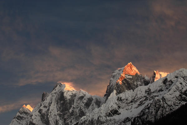 Sunset on the peaks of Cengalo and Badile. Bondasca Valley Switzerland EUrope
