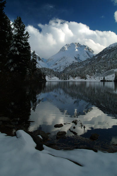 Snow at Lake Cavloc, near Maloja Pass. Canton of Graubünden  Switzerland Europe