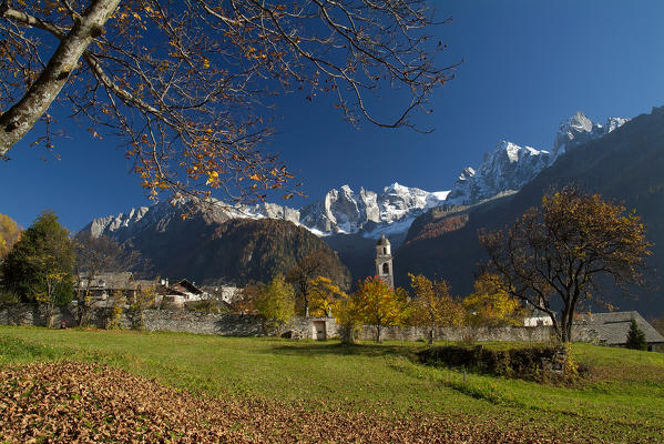 Autumn in Soglio, in the background the peaks of Val Bondasca, Switzerland Europe