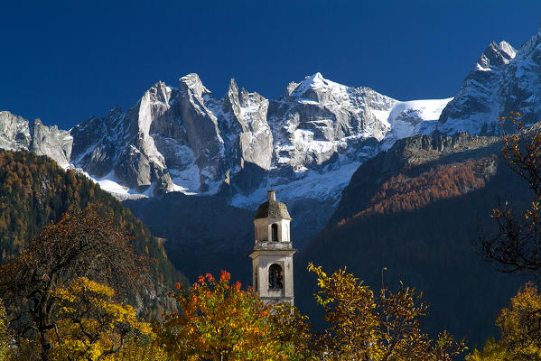 The bell tower of Soglio and Sciore in Bondasca Valley. Switzerland Europe