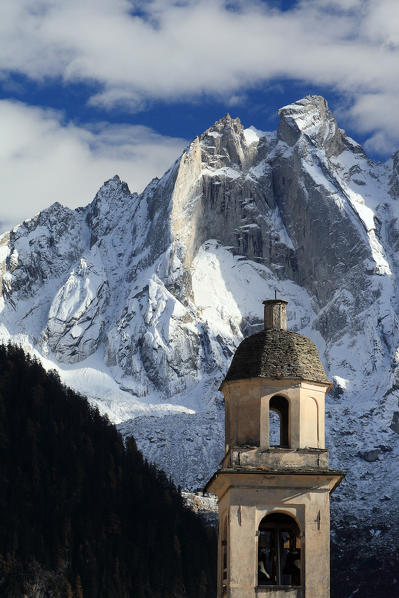 Sciore in Bondasca Valley and the bell tower of Soglio. Switzerland Europe