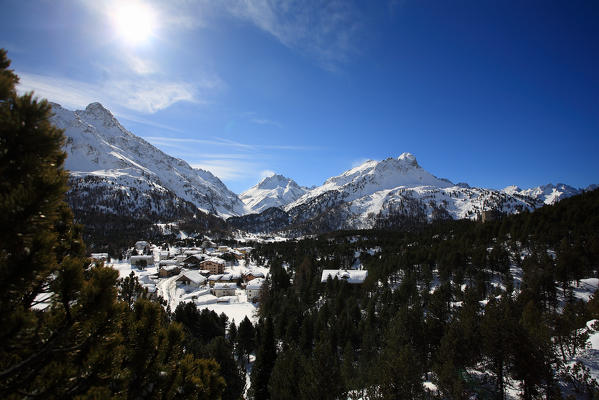 Winter at Maloja Pass. Canton of Graubünden Engadine Switzerland Europe