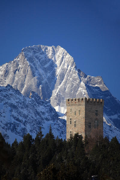 View of peak of Badile from Maloja Pass. Canton of Graubünden Engadine Switzerland Europe