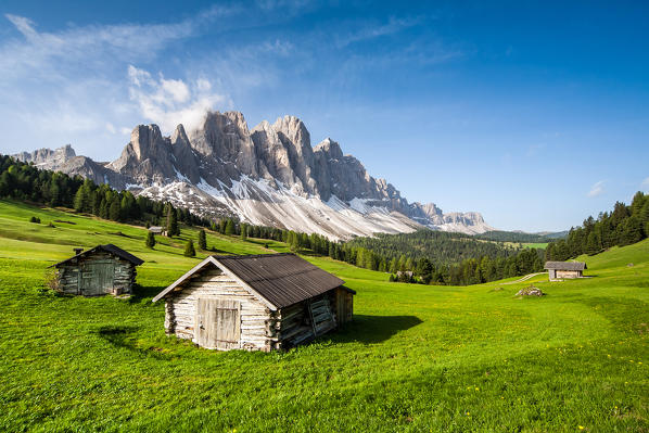 View of the Odle from Malga Caseril. Puez Natural Park. Funes Valley Dolomites. Trentino Alto Adige. Italy Europe