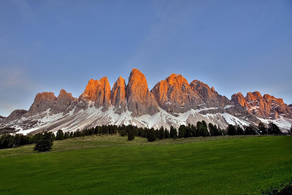 View of the peaks of the Odle from Puez Natural Park. Funes Valley. Dolomites. Trentino Alto Adige. Italy Europe