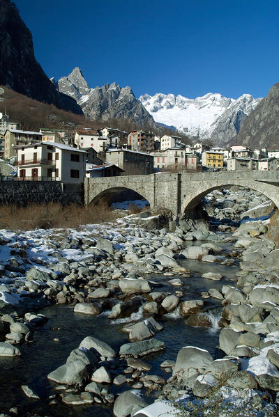 The mountain village of Cataeggio and its bridge the main center of Val Masino wet by river Masino. Valmasino. Valtellina. Lombardy. Europe