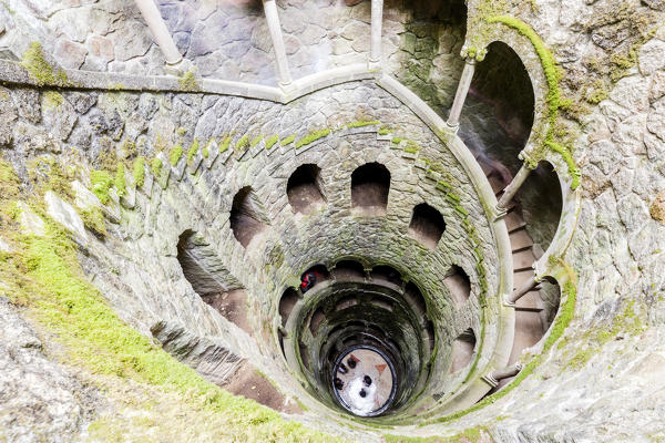 Top view of the spiral stairs inside the towers of masonic Initiation Well at Quinta da Regaleira Sintra Portugal Europe