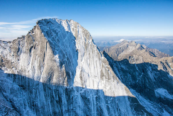 Aerial shot of the north face of Piz Badile located between Masino and Bregaglia Valley border Italy Switzerland Europe