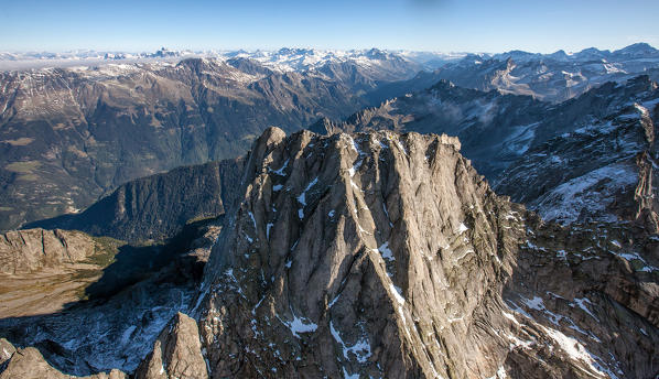 Aerial view of Piz Badile located between Masino and Val Bregaglia borders Italy Switzerland Europe