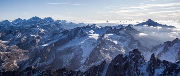 Aerial view of the Sciore mountain range and Mount Disgrazia. Bregaglia Valley and Masino Valley. Border Italy Switzerland Europe