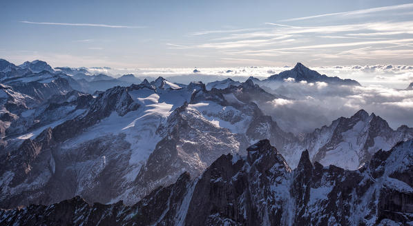 Aerial view of the Sciore mountain range and Mount Disgrazia. Bregaglia Valley and Masino Valley. Border Italy Switzerland Europe