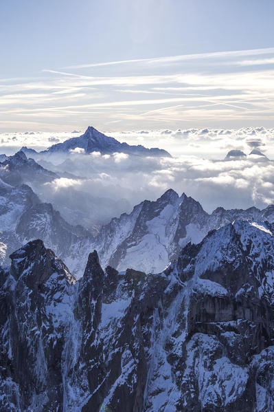 Aerial view of the Sciore mountain range and Mount Disgrazia. Bregaglia Valley and Masino Valley. Border Italy Switzerland Europe