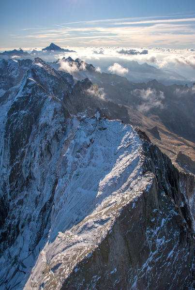 Aerial view of Peak Badile and Mount Disgrazia. Masino Valley Border Italy Switzerland Europe