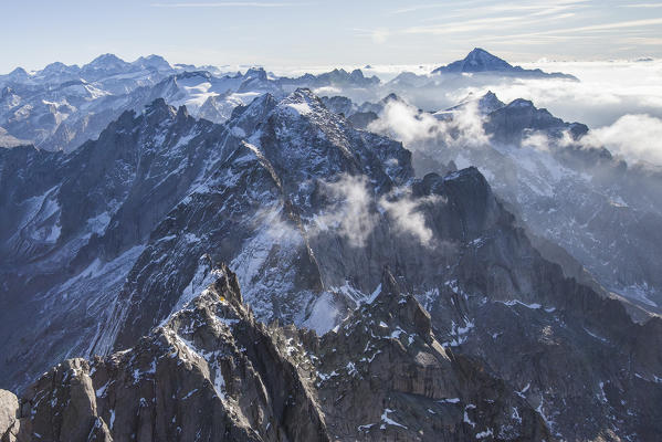 Aerial view of Peak Badile and Mount Disgrazia. Masino Valley Border Italy Switzerland Europe