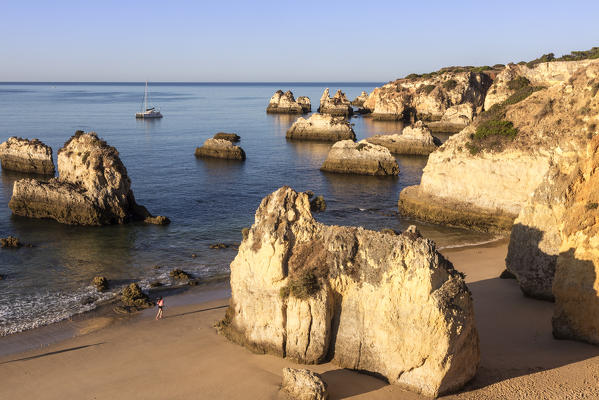 Runner on the fine sandy beach bathed by the blue ocean at dawn Praia do Alemao Portimao Faro district Algarve Portugal Europe