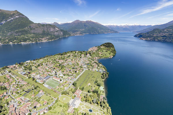 Aerial view of the village of Bellagio frames by the blue water of Lake Como on a sunny spring day Lombardy Italy Europe