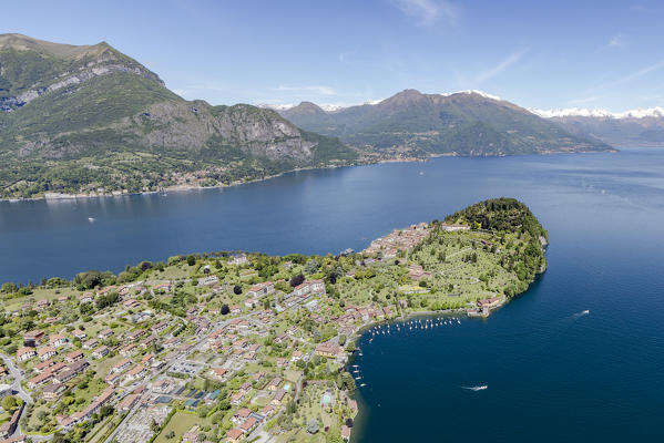 Aerial view of the village of Bellagio frames by the blue water of Lake Como on a sunny spring day Lombardy Italy Europe