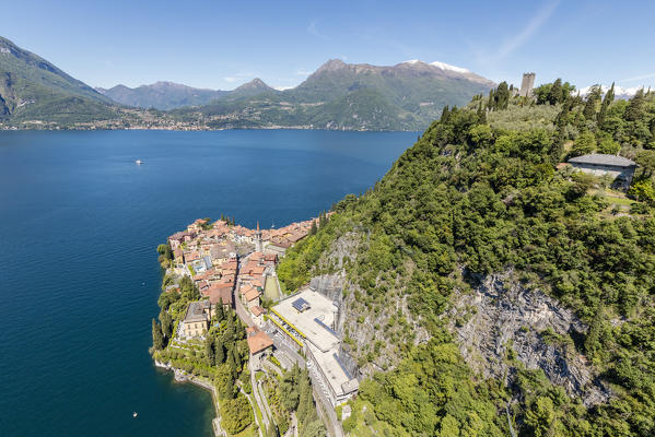 Aerial view of the picturesque village of Varenna overlooking the blue waters of Lake Como Lecco Province Lombardy Italy Europe