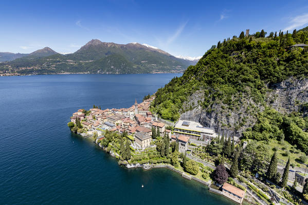 Aerial view of the picturesque village of Varenna overlooking the blue waters of Lake Como Lecco Province Lombardy Italy Europe