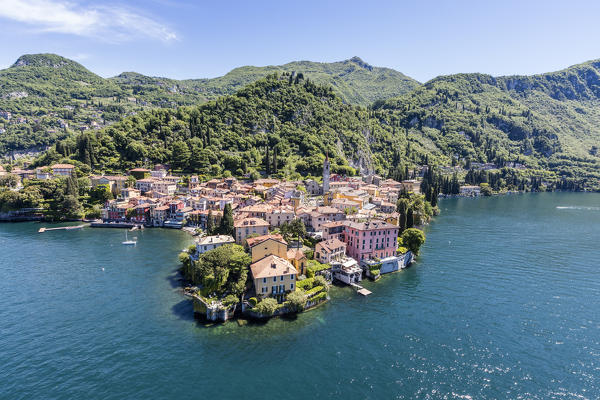 Aerial view of Varenna frames by the blue water of Lake Como on a sunny spring day Lecco Province Lombardy Italy Europe