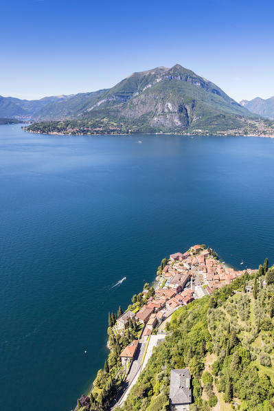 Aerial view of Varenna frames by the blue water of Lake Como on a sunny spring day Lecco Province Lombardy Italy Europe