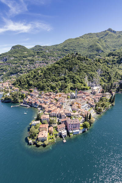 Aerial view of the picturesque village of Varenna surrounded by Lake Como and gardens Lecco Province Lombardy Italy Europe