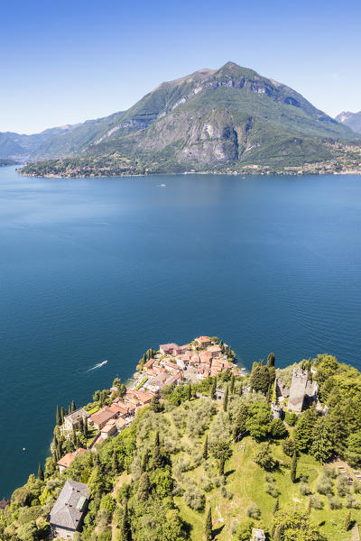 Aerial view of Varenna frames by the blue water of Lake Como on a sunny spring day Lecco Province Lombardy Italy Europe