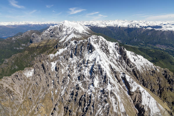 Aerial view of the snowy ridges of Grignetta and Grignone mountains in spring Lecco Province Lombardy Italy Europe