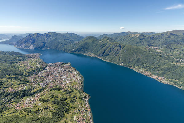 Aerial view of the villages Mandello del Lario and Abbadia Lariana overlooking Lake Como Lecco Province Lombardy Italy Europe