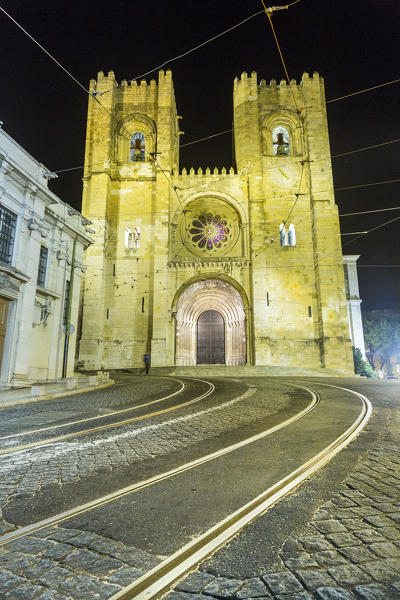 Night view of the Lisbon Cathedral situated in the Alfama district the oldest of the city Portugal Europe