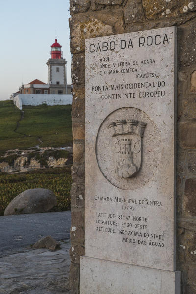 A plaque near the lighthouse indicates that Cabo de Roca is the westernmost point of mainland Europe Sintra Portugal