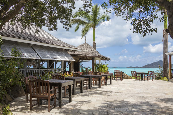 Typical restaurant surrounded by the Caribbean Sea Ffryes Beach Sheer Rocks Antigua and Barbuda Leeward Island West Indies