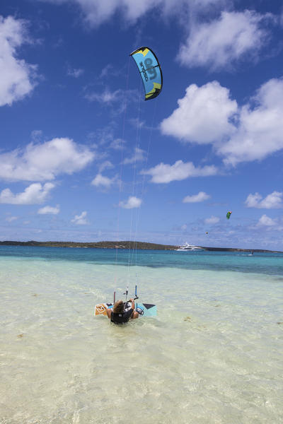 Kitesurfing in the calm and turquoise waters of the Caribbean Sea Green Island Antigua and Barbuda Leeward Island West Indies