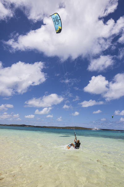 Kitesurfing in the calm and turquoise waters of the Caribbean Sea Green Island Antigua and Barbuda Leeward Island West Indies