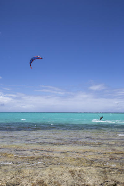 Kitesurfing in the calm and turquoise waters of the Caribbean Sea Green Island Antigua and Barbuda Leeward Island West Indies