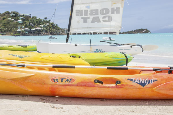 The resort on the Caribbean Sea and the boats for tourists Jolly Beach Antigua and Barbuda Leeward Island West Indies