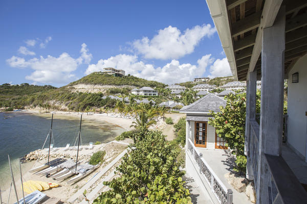 View from a terrace of a resort on the blue Caribbean Sea Nonsuch Bay Antigua and Barbuda Leeward Island West Indies