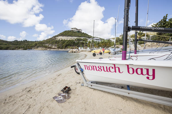 Sailing boats and water sports on the tropical beach Nonsuch Bay Caribbean Antigua and Barbuda Leeward Island West Indies