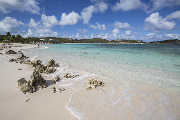 Blue sky frames the white sand and the turquoise Caribbean sea Half Moon Bay Antigua and Barbuda Leeward Island West Indies