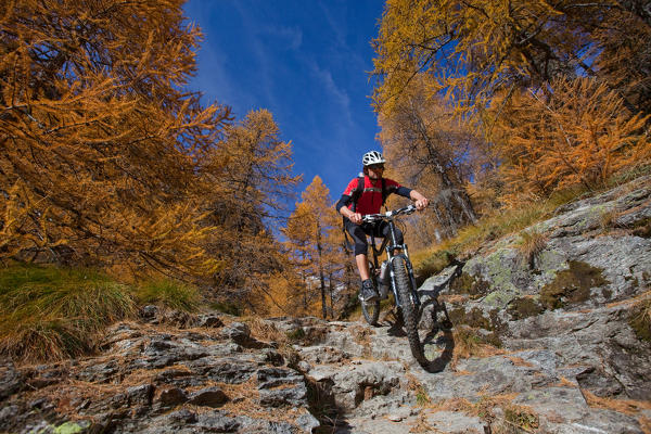 Steep downhill mountain bike on the trails of Poschiavo Valley Canton of Graubünden Switzerland Europe