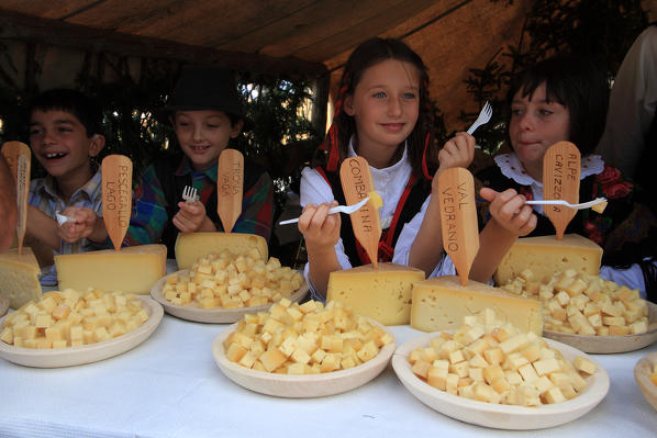 Tasting the different flavours of the Bitto Cheese during a traditional event, the Bitto Cheese Festival in Gerola Alta, Valtellina, Lombardy Italy Europe