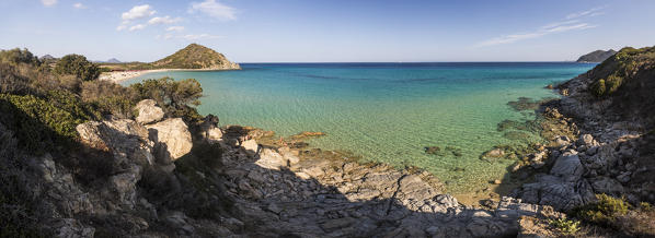 Panoramic view of the turquoise sea and sandy beach surrounding Cala Monte Turno Castiadas Cagliari Sardinia Italy Europe