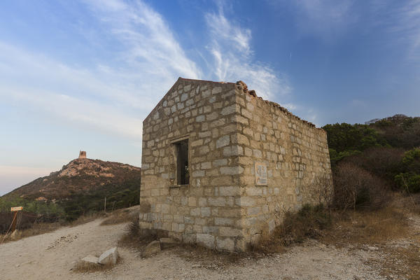A stone tower among the trekking paths in the inland around Porto Giunco Villasimius  Cagliari Sardinia Italy Europe