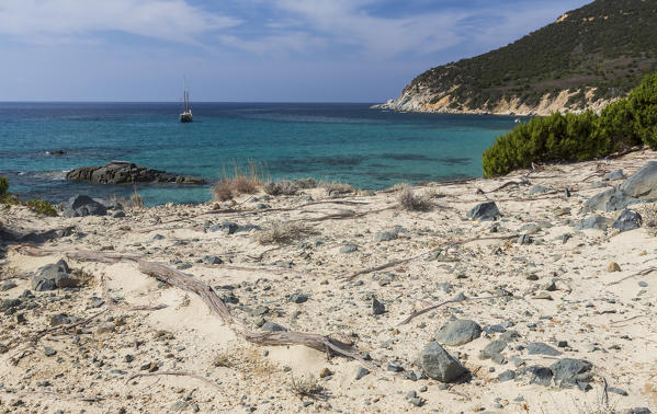 Sailboat in the turquoise sea around the beach of Porto Sa Ruxi Villasimius Cagliari Sardinia Italy Europe