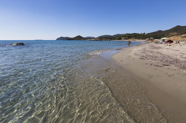 The crystal turquoise water of the sea frames the sandy beach Sant Elmo Castiadas Costa Rei Cagliari Sardinia Italy Europe