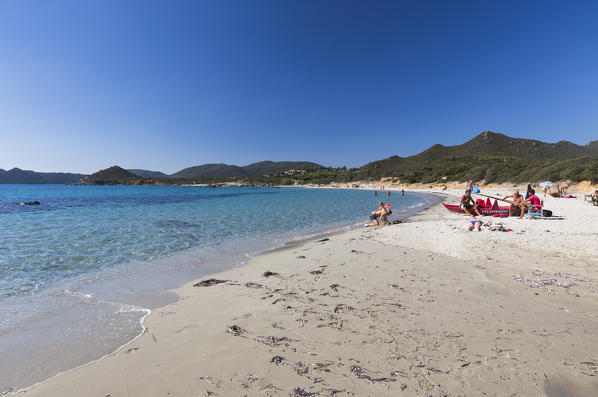 The crystal turquoise water of the sea frames the sandy beach Sant Elmo Castiadas Costa Rei Cagliari Sardinia Italy Europe