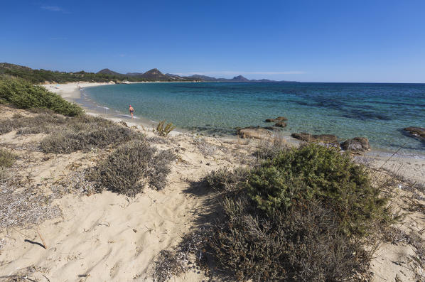 The crystal turquoise water of the sea frames the sandy beach Sant Elmo Castiadas Costa Rei Cagliari Sardinia Italy Europe